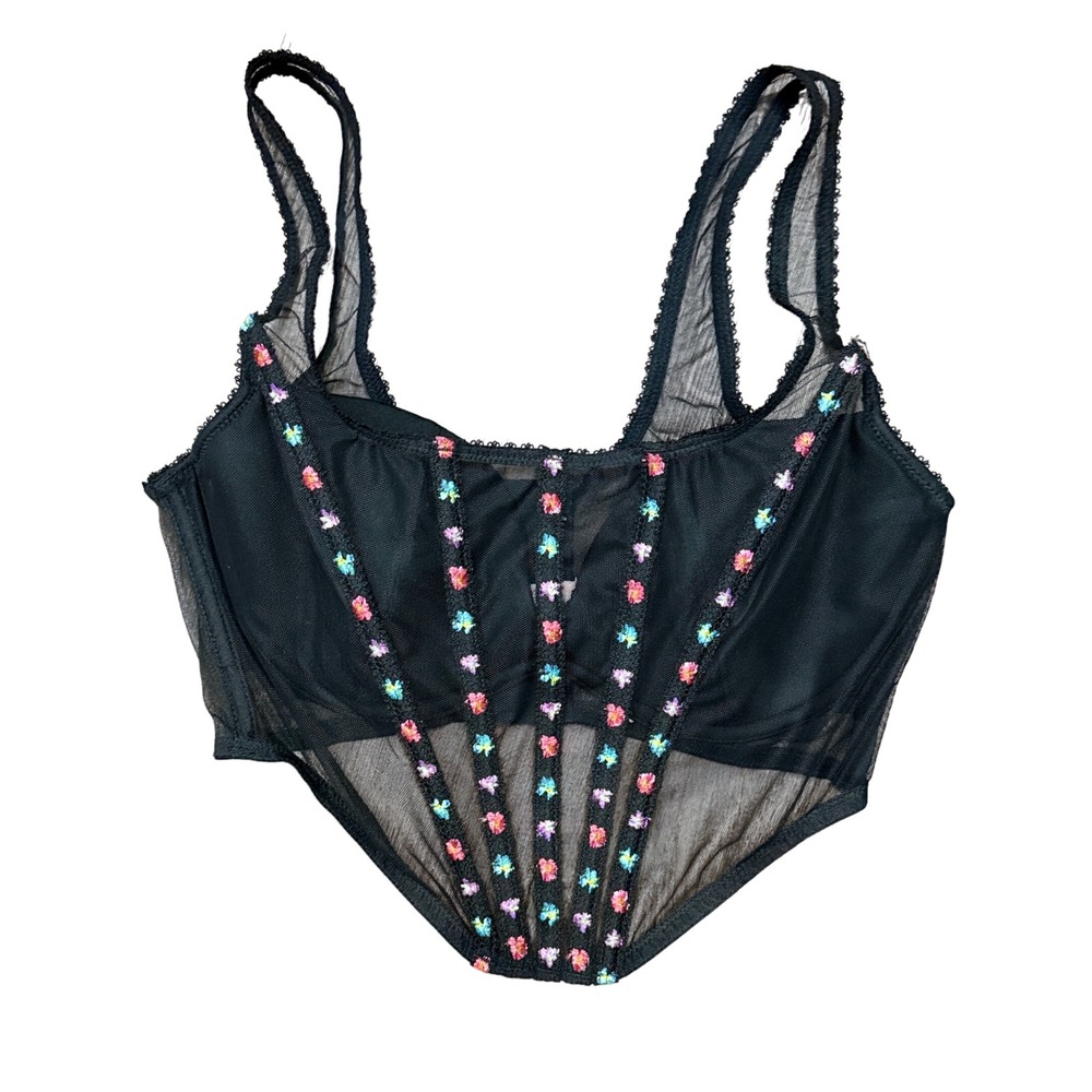 Victoria's Secret Black Mesh Floral Embroidered Corset Top Large NWT 11265325